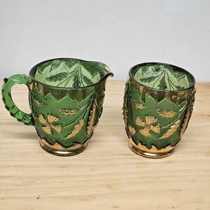Vintage Antique 1800s EAPG Gold and Emerald Green Glass Delaware Sugar & Creamer